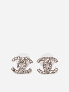 Pre-Owned Chanel 2022 Silver Toned Crystal CC Stud Earrings